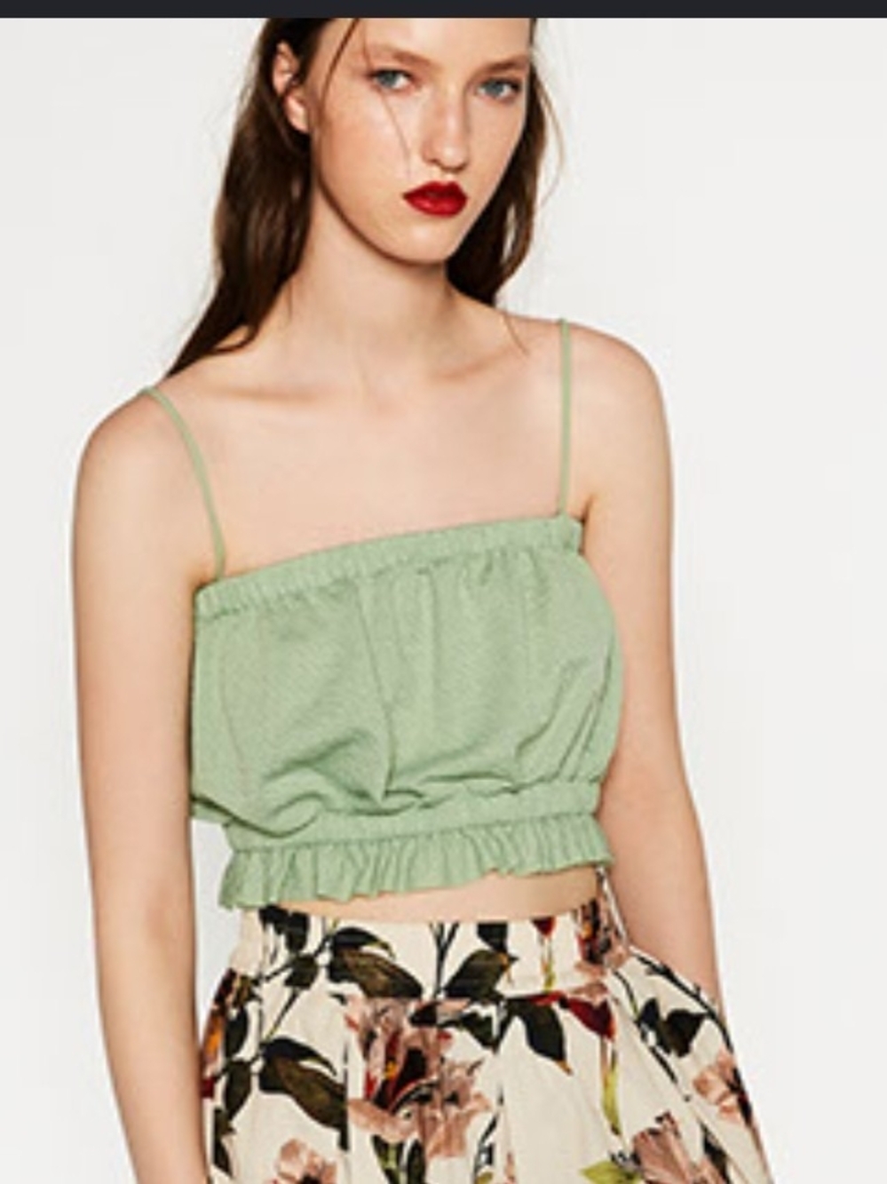 Zara Pistachio Green Smocked Crop Cami